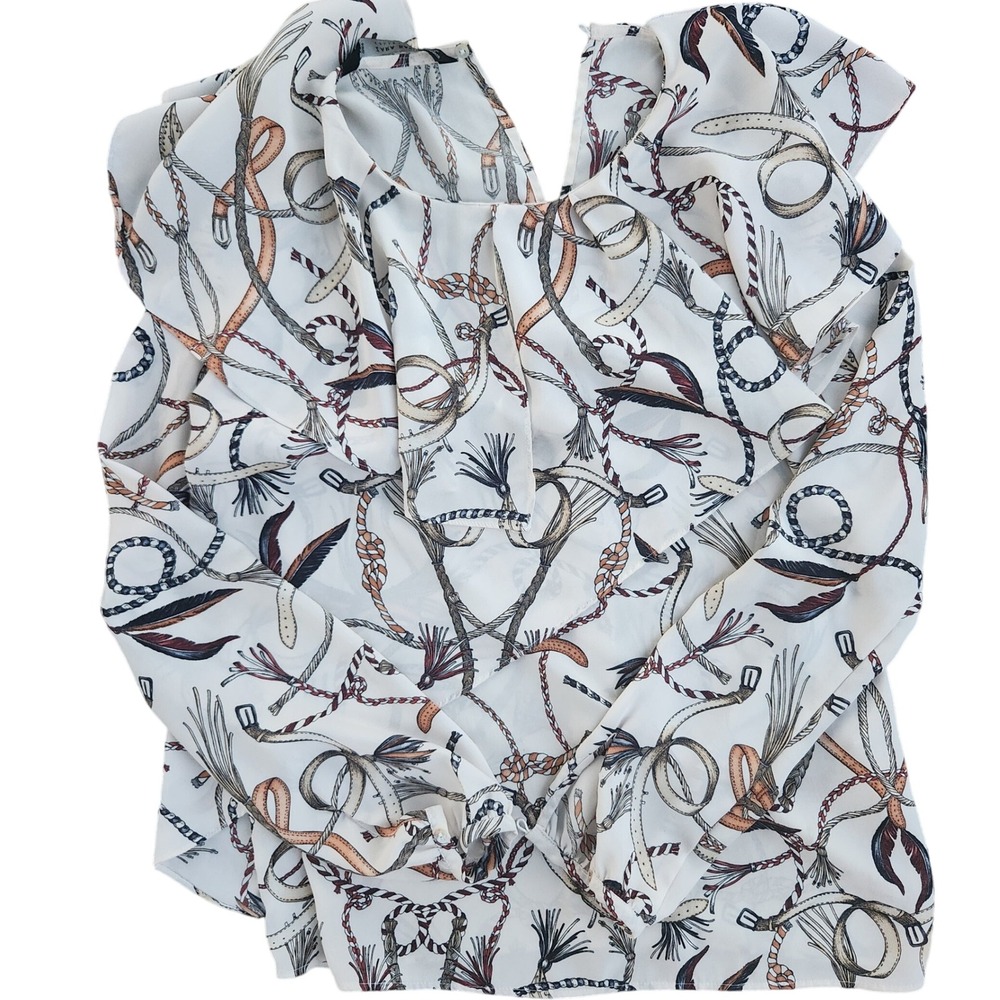 Zara Basic‎ Collection Rope Belt Tassels Print Top Blouse XS Extra Small